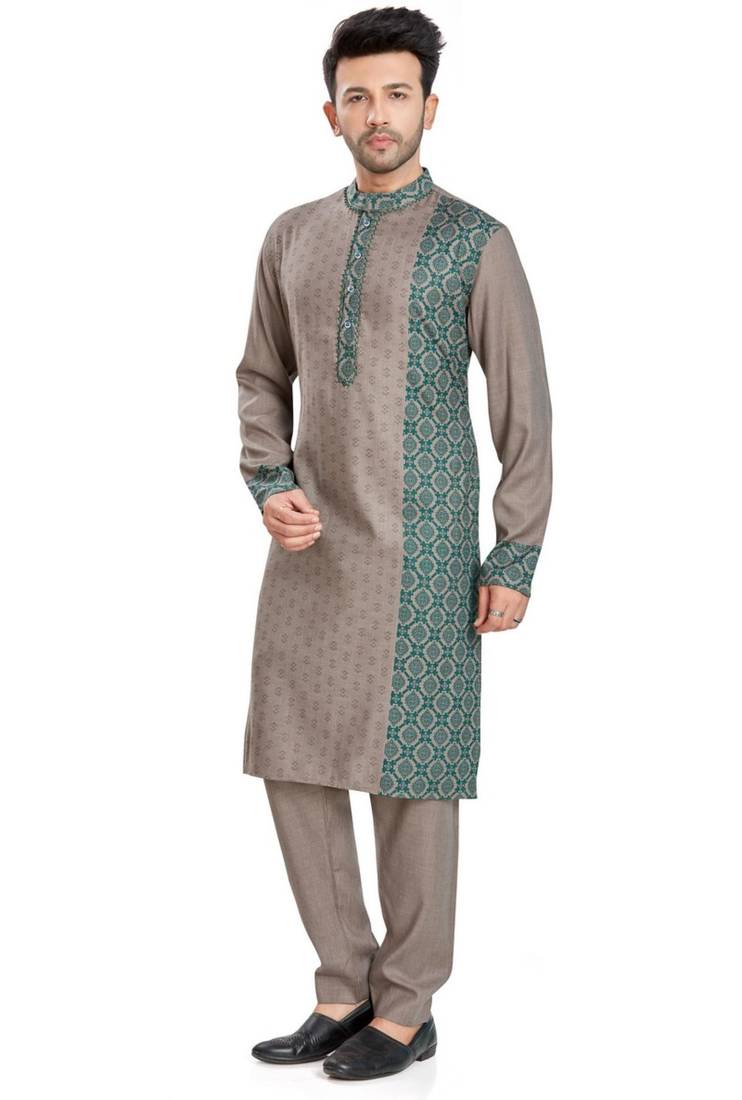 Khakhi hand block printed kurta with embroidery viscos kurta payjama etnic wear / festive wear