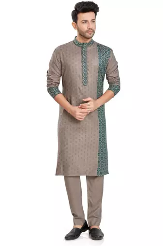Khakhi hand block printed kurta with embroidery viscos kurta payjama etnic wear / festive wear