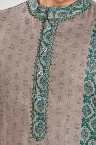 Khakhi hand block printed kurta with embroidery viscos kurta payjama etnic wear / festive wear