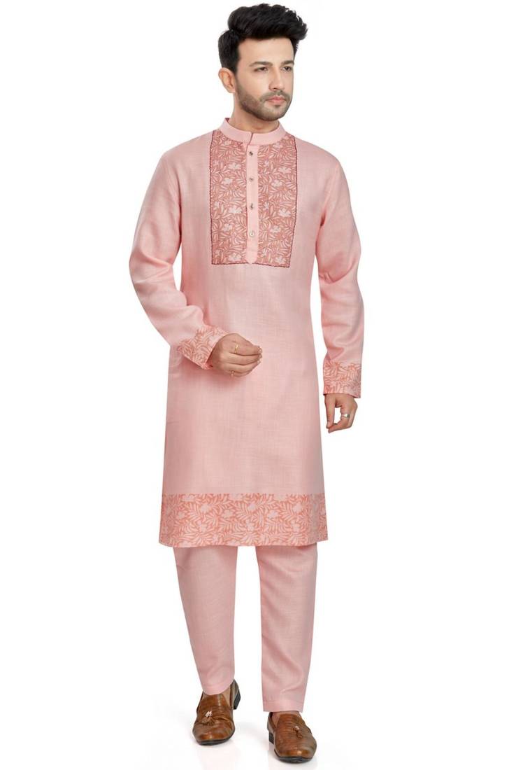 Pink hand block printed kurta with embroidery viscos kurta payjama etnic wear / festive wear