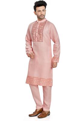 Pink hand block printed kurta with embroidery viscos kurta payjama etnic wear / festive wear 3