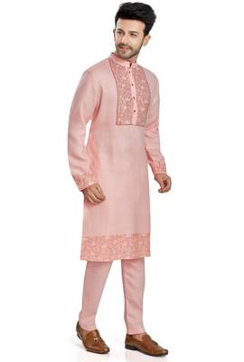 Pink hand block printed kurta with embroidery viscos kurta payjama etnic wear / festive wear 4