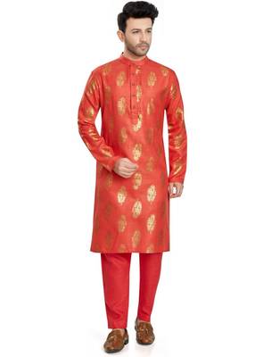 Red hand block  golden foil printed viscos kurta payjama etnic wear / festive wear 3