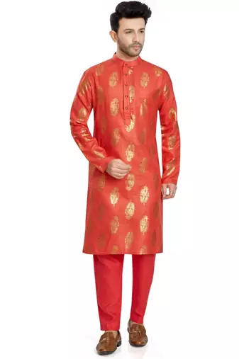Red hand block  golden foil printed viscos kurta payjama etnic wear / festive wear