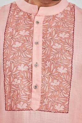 Pink hand block printed kurta with embroidery viscos kurta payjama etnic wear / festive wear 5