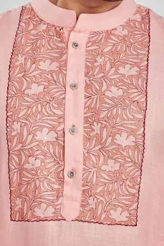 Pink hand block printed kurta with embroidery viscos kurta payjama etnic wear / festive wear