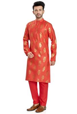 Red hand block  golden foil printed viscos kurta payjama etnic wear / festive wear 1