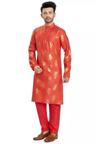 Red hand block  golden foil printed viscos kurta payjama etnic wear / festive wear