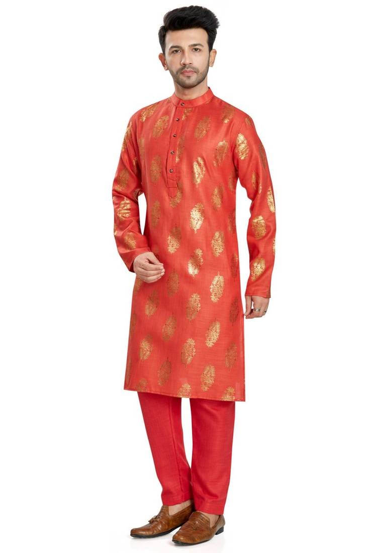 Red hand block  golden foil printed viscos kurta payjama etnic wear / festive wear