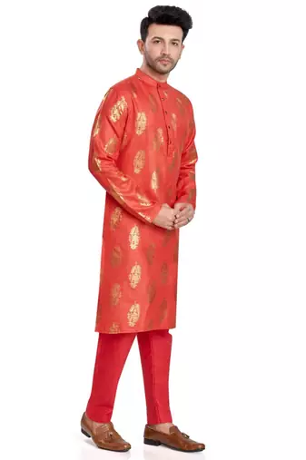 Red hand block  golden foil printed viscos kurta payjama etnic wear / festive wear