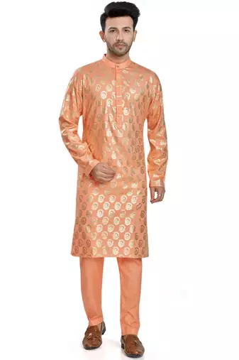 Orange hand block silver foil printed viscos kurta payjama etnic wear / festive wear