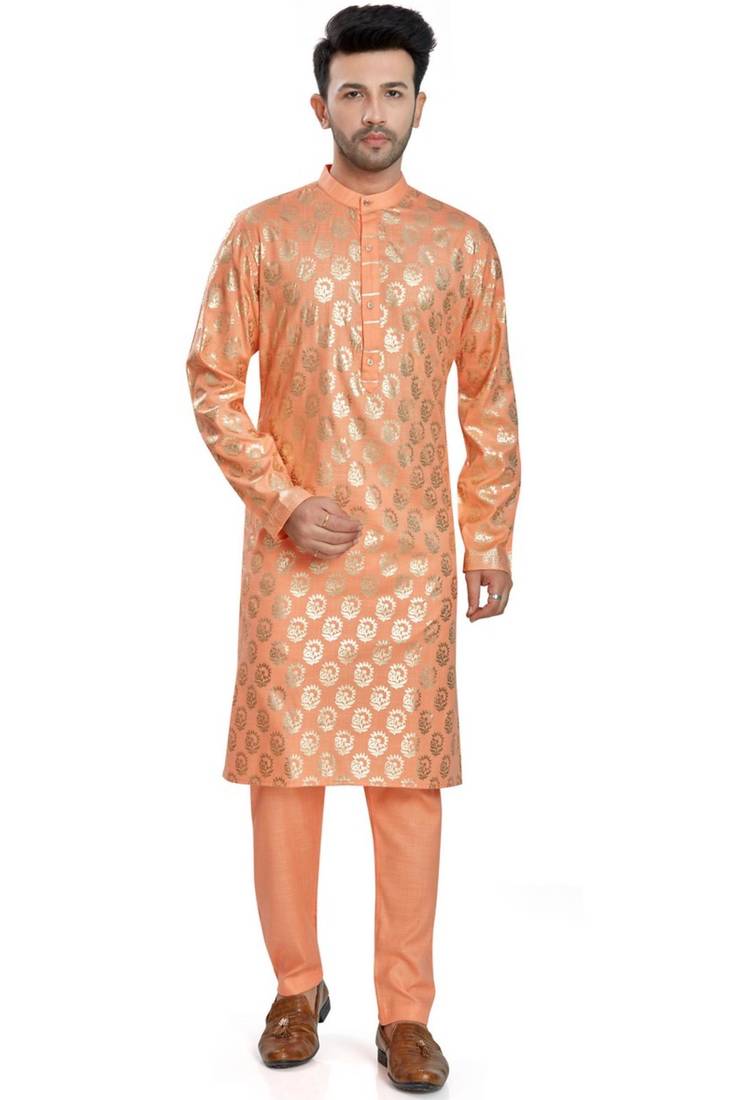 Orange hand block silver foil printed viscos kurta payjama etnic wear / festive wear