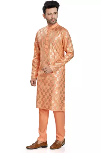 Orange hand block silver foil printed viscos kurta payjama etnic wear / festive wear