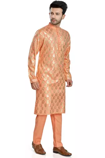 Orange hand block silver foil printed viscos kurta payjama etnic wear / festive wear