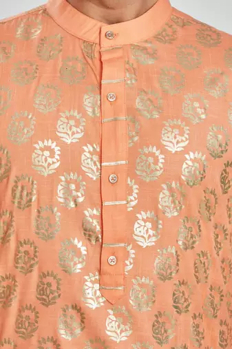Orange hand block silver foil printed viscos kurta payjama etnic wear / festive wear