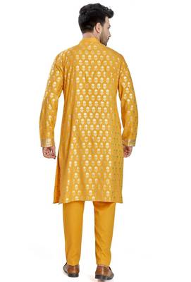 Yellow hand block golden foil printed viscos kurta payjama etnic wear / festive wear 2