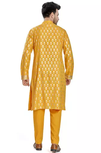 Yellow hand block golden foil printed viscos kurta payjama etnic wear / festive wear
