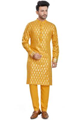 Yellow hand block golden foil printed viscos kurta payjama etnic wear / festive wear 1