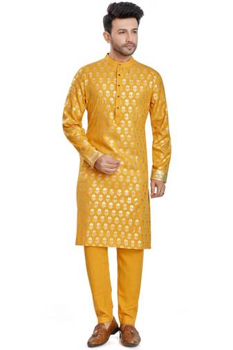 Yellow hand block golden foil printed viscos kurta payjama etnic wear / festive wear