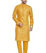 Yellow hand block golden foil printed viscos kurta payjama etnic wear / festive wear