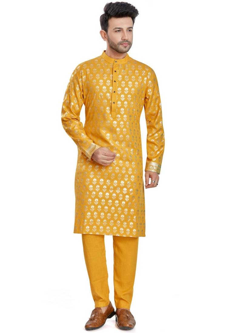 Yellow hand block golden foil printed viscos kurta payjama etnic wear / festive wear