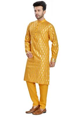 Yellow hand block golden foil printed viscos kurta payjama etnic wear / festive wear 3