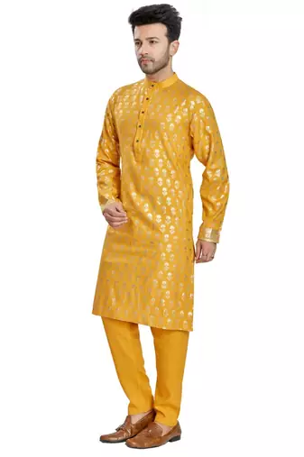 Yellow hand block golden foil printed viscos kurta payjama etnic wear / festive wear