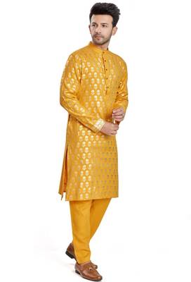 Yellow hand block golden foil printed viscos kurta payjama etnic wear / festive wear 4