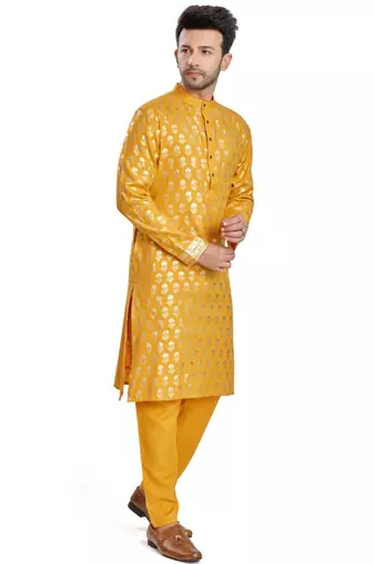 Yellow hand block golden foil printed viscos kurta payjama etnic wear / festive wear