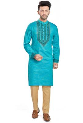 Blue hand block printed kurta with embroidery viscos kurta payjama etnic wear / festive wear 1