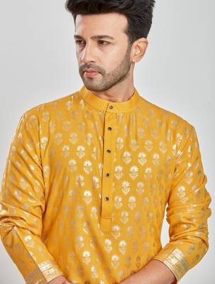Yellow hand block golden foil printed viscos kurta payjama etnic wear / festive wear 5
