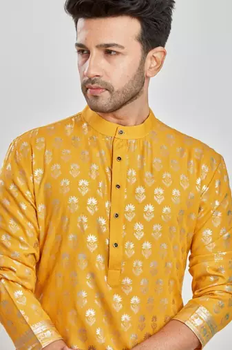 Yellow hand block golden foil printed viscos kurta payjama etnic wear / festive wear
