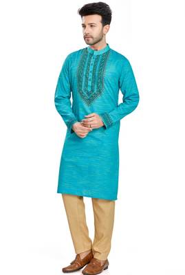 Blue hand block printed kurta with embroidery viscos kurta payjama etnic wear / festive wear 3