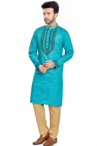 Blue hand block printed kurta with embroidery viscos kurta payjama etnic wear / festive wear