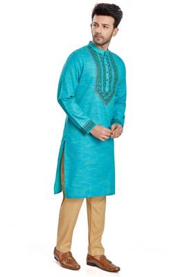 Blue hand block printed kurta with embroidery viscos kurta payjama etnic wear / festive wear 4