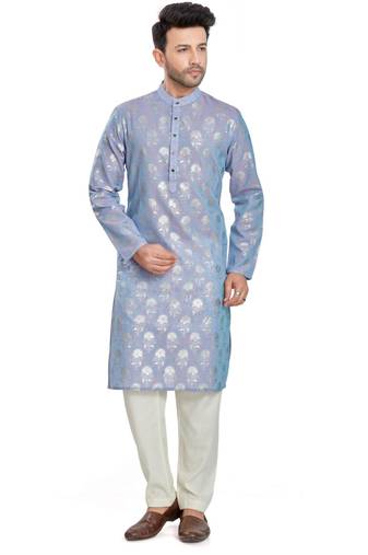 Light Blue hand block silver foil print viscos kurta payjama etnic wear / festive wear