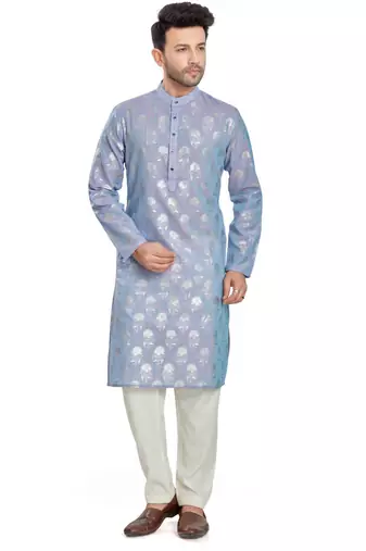 Light Blue hand block silver foil print viscos kurta payjama etnic wear / festive wear