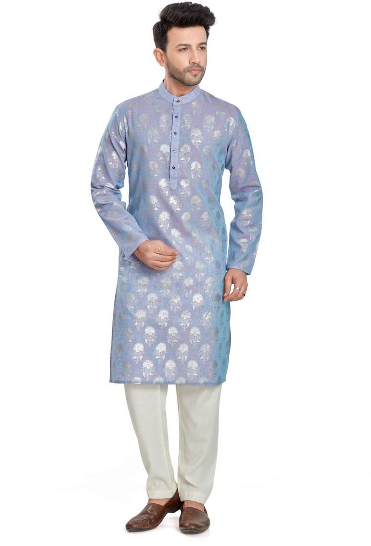 Light Blue hand block silver foil print viscos kurta payjama etnic wear / festive wear