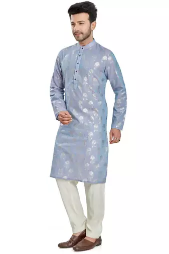 Light Blue hand block silver foil print viscos kurta payjama etnic wear / festive wear