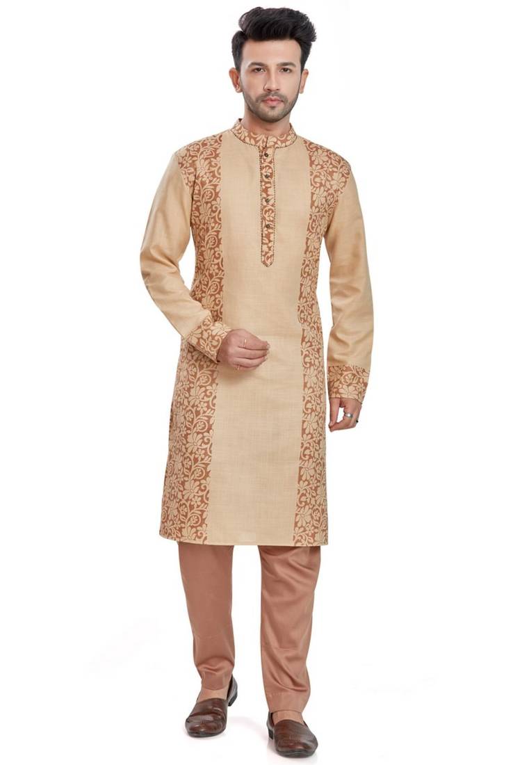 Coffee brown hand bl;ock printed kurta with embroidery viscos kurta payjama etnic wear / festive wear