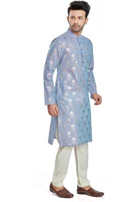 Light Blue hand block silver foil print viscos kurta payjama etnic wear / festive wear 4
