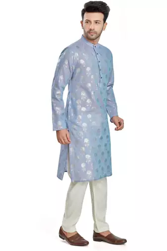 Light Blue hand block silver foil print viscos kurta payjama etnic wear / festive wear