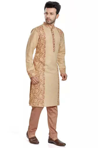 Coffee brown hand bl;ock printed kurta with embroidery viscos kurta payjama etnic wear / festive wear
