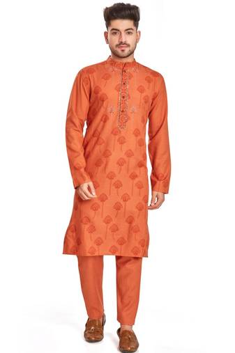 Orange hand block printed kurta with embroidery viscos klurta payjama ethnic wear / festive wear