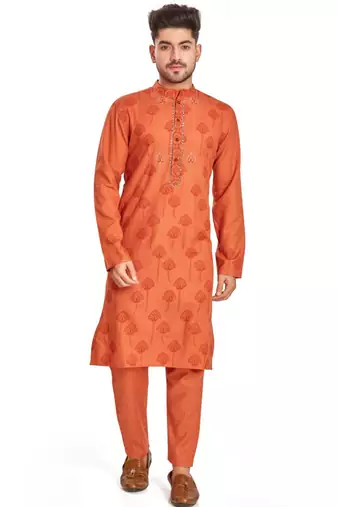 Orange hand block printed kurta with embroidery viscos klurta payjama ethnic wear / festive wear