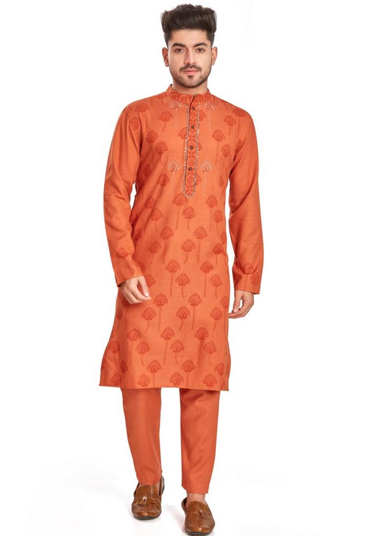 Orange hand block printed kurta with embroidery viscos klurta payjama ethnic wear / festive wear