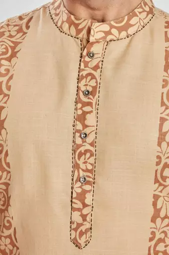 Coffee brown hand bl;ock printed kurta with embroidery viscos kurta payjama etnic wear / festive wear