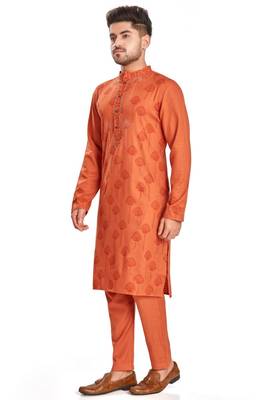 Orange hand block printed kurta with embroidery viscos klurta payjama ethnic wear / festive wear 3