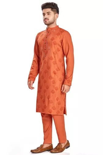 Orange hand block printed kurta with embroidery viscos klurta payjama ethnic wear / festive wear