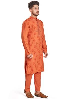Orange hand block printed kurta with embroidery viscos klurta payjama ethnic wear / festive wear 4